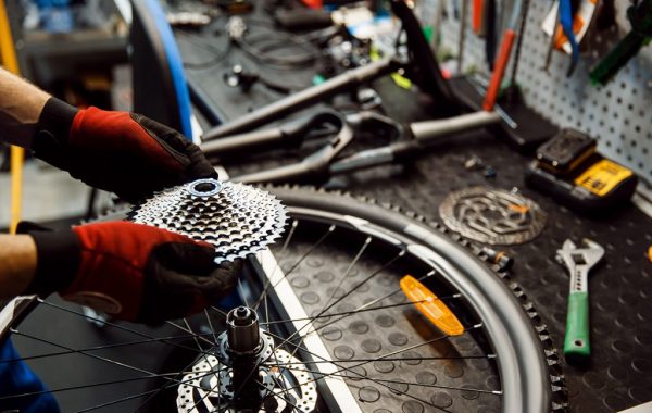 Bicycle repair in workshop, man installs cassette